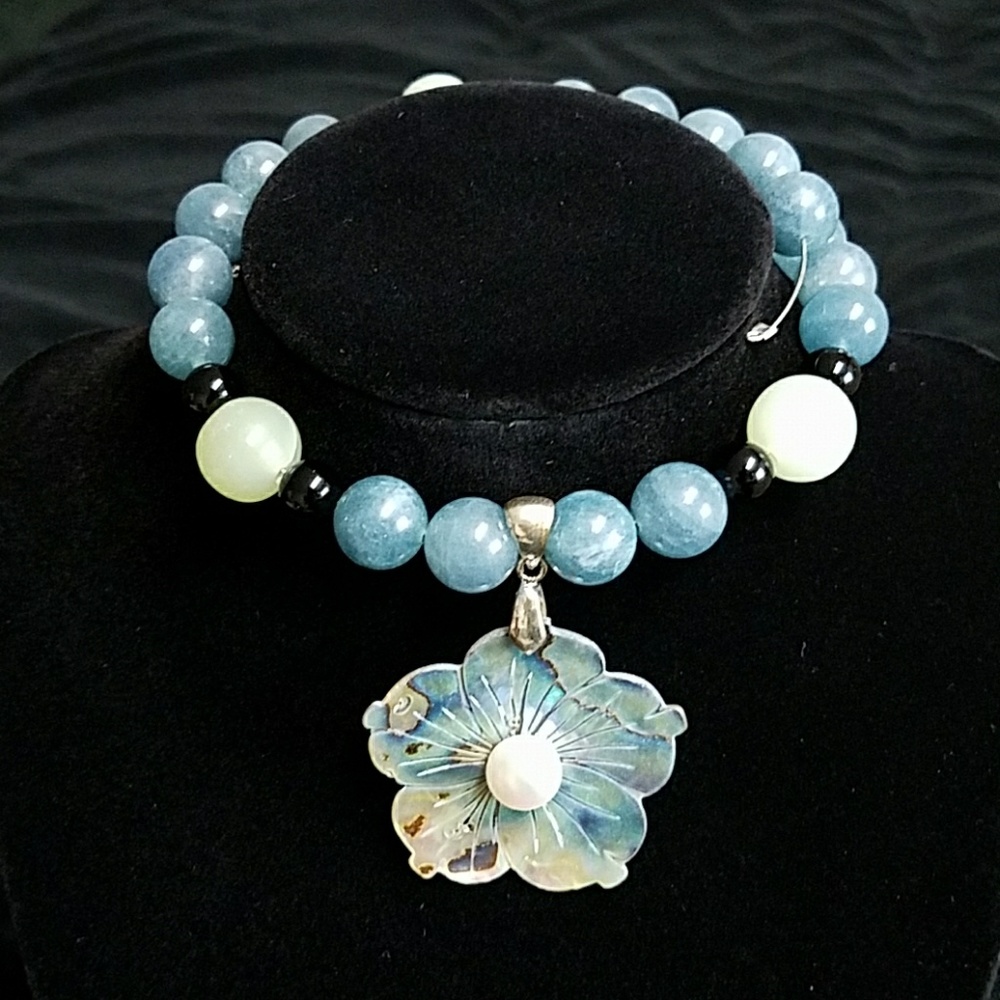 Natural seashell and rare blue quartz necklace